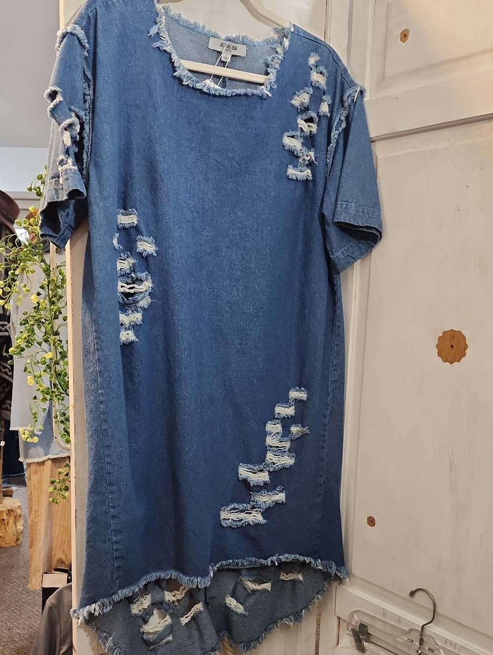 Active USA Distressed Denim High-Low Dress in Blue